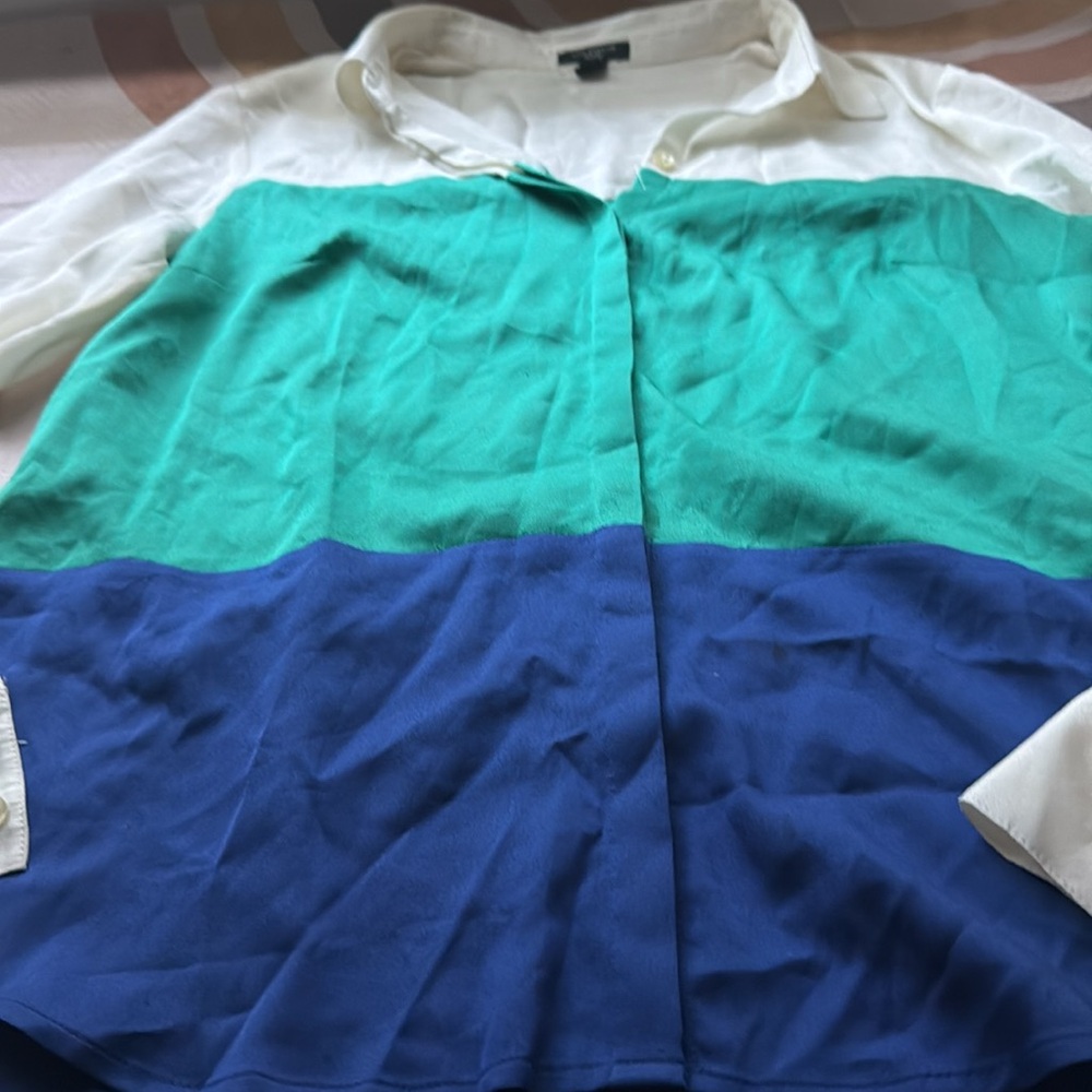 ✨Ann Taylor Color Block Green Blue White Button Down - Picture 3 of 8